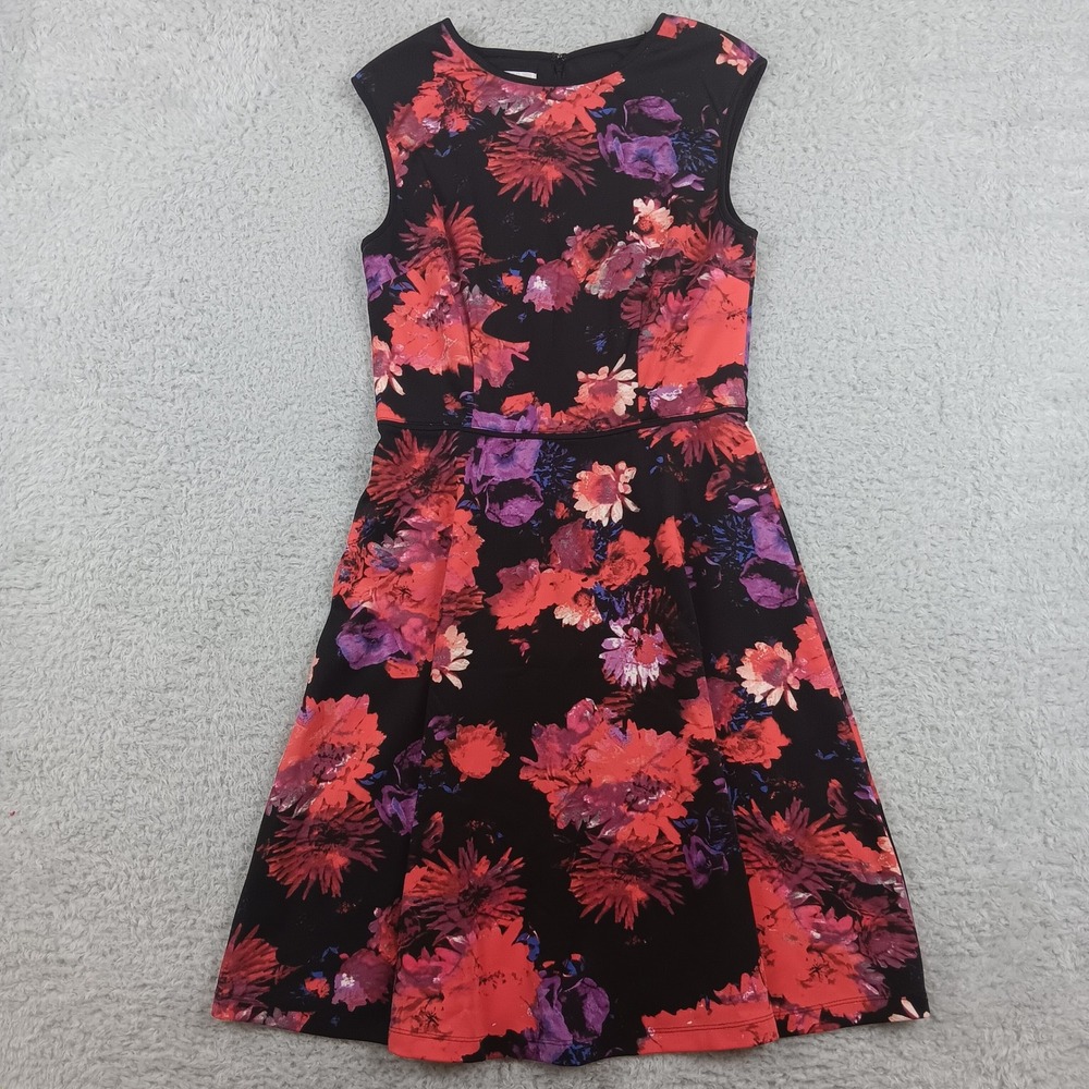 London Times Dress Fit and Flare Women 6 Black Red Purple Floral Sleeveless